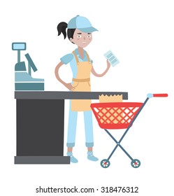 Vector illustration of cashier girl in the cap, behind the counter, holding check in her arm and red grocery cart in front of her