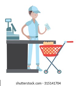 Vector illustration of cashier man in the cap, behind the counter, holding check in his arm and red grocery cart in front of him 