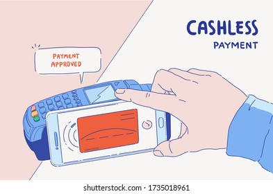 Vector illustration of cashless payment. Contactless payment via smartphone shown success Mobile transaction.