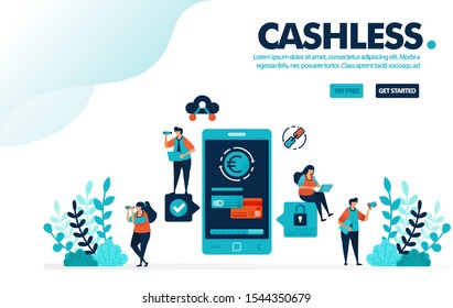 Vector illustration cashless society payment. People transactions without money or cashless. Mobile payment, banking and credit card. Designed for landing page, web, banner, template, flyer, poster