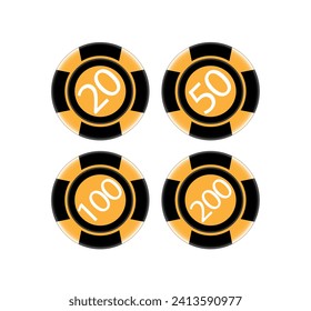 Vector illustration of casino chips in bright colors with currency signs