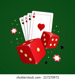 Vector illustration of casino elements. Including four playing cards, two dice and gambling chips on green background.