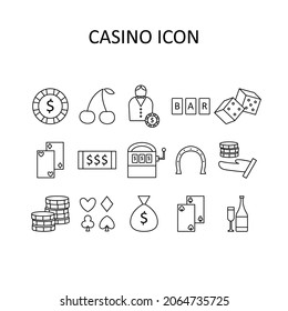 Vector illustration with casino icons - chips; cards; clubs; diamonds; croupier; slot machine; champagne; dice; horseshoe.
