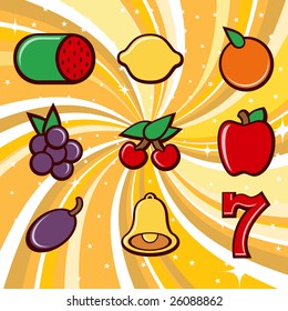 Vector illustration of casino items icon set on the beautiful background decorated with stars and waves.