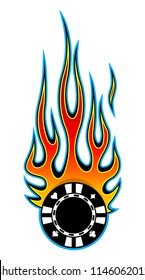 Vector illustration of casino poker chip with hotrod flame. Ideal for sticker decal casino poker logo design template and any kind of decoration.