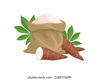 Vector illustration, cassava flour in a burlap sack, with cassava and leaves, isolated on a white background.