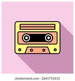 A vector illustration of a cassette icon with a long shadow on a pink background, evoking retro nostalgia and modern design
