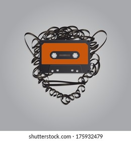 A vector illustration of a cassette with mess of tape around making a shape of a chimp head. 