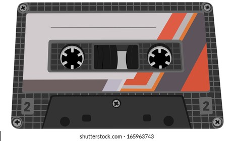 Vector illustration of cassette from tape recorder with label.