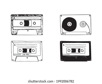Vector illustration with cassettes. Doodle sketch.