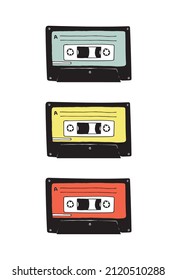 Vector illustration with cassettes. Doodle sketch. Retro thing.