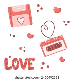 Vektorgrafik von Kassetten, Spieler, Videorekorder, Fernsehen mit Herzen. Parfüm für Liebhaber. Geschenk zum Valentinstag.