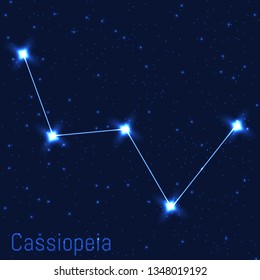 Vector illustration of Cassiopeia constellation. Astronomical. Cluster of realistic stars in the dark blue starry sky.