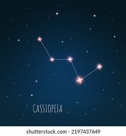 Vector illustration of Cassiopeia constellation. Astronomical. Cluster of star in the dark blue starry sky.