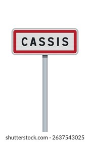 Vector illustration of Cassis city entrance road sign on metallic post