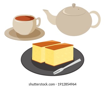 Vector illustration of castella, teapot and cup　.