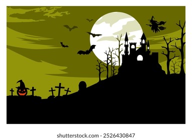 
Ilustración vectorial del fondo de la silueta del castillo y del cementerio en la luna llena con el cielo nocturno claro. conveniente para los fondos, los Anuncios, los anuncios, las decoraciones de la pared, las pantallas de visualización.