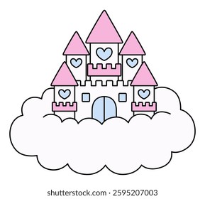 Vector illustration of a castle with clouds and cute hearts. Fairy tale, fancy, line