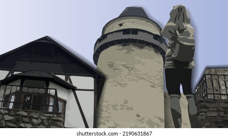 Vector illustration of a castle defense tower with a building at the entrance. A lady with her back turned photographing a monument. Illustration in low range color palette. Castle, tower, monuments.