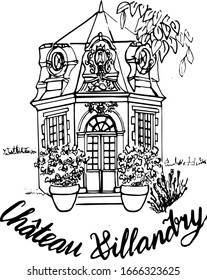 Vector illustration of the castle. For design or coloring pages for children and adults. The French Renaissance Chateau of Villandry. Handwritten inscription " castle of Villandry"