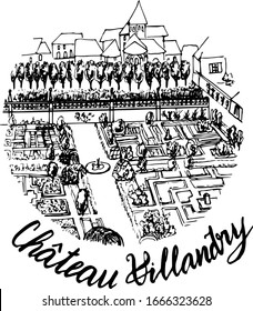 Imagen vectorial del castillo. Para páginas de diseño o coloreado para niños y adultos. El castillo renacentista francés de Villandry. Inscripción manuscrita "castillo de Villandry"