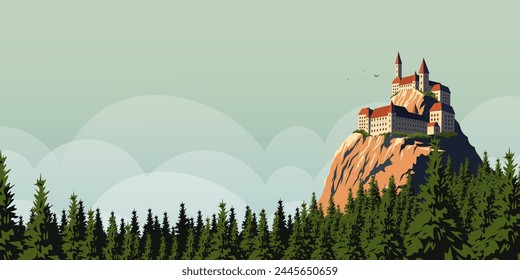 Vector illustration. Castle, fairy tale, mountains, forest. Background for landing page, website, banner, postcard, background for book, cover. Modern design.