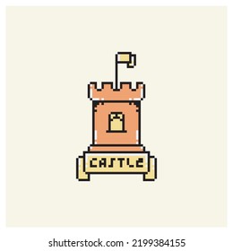 Vector illustration of castle with flag in pixel art style