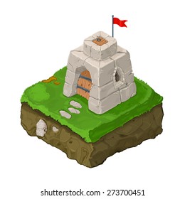 A Vector Illustration Of A Castle Fort On Land With Red Flag. Isometric Castle Fort. Isometric Citadel On Land.