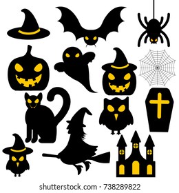 Vector illustration with castle, grave, pumpkin, hat of witch, bat, spider, ghost, cat, witch on white background. Halloween image. Icon with stickers of holiday. Holiday card Happy Halloween.