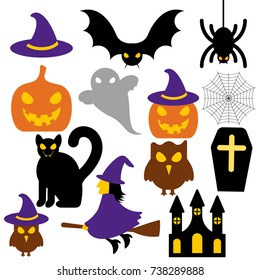 Vector illustration with castle, grave, pumpkin, hat of witch, bat, spider, ghost, cat, witch on white background. Color Halloween image. Icon with stickers of holiday. Holiday card Happy Halloween.