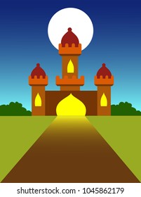 Vector illustration of a castle and green field on a full moon night