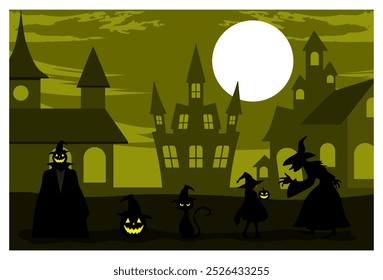 Ilustración vectorial de fondo de la celebración del castillo y de Halloween con el cielo nocturno claro. conveniente para los fondos, los Anuncios, los anuncios, las decoraciones de la pared, las pantallas de visualización.