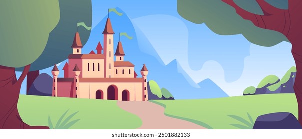 Vector illustration of a castle located in a forest surrounded by trees. The blue sky with clouds creates a magical atmosphere in this fantastic scene