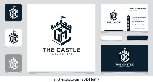 Ilustración vectorial del emblema de diseño del logotipo del castillo, palacio, fortaleza y plantilla de diseño de tarjeta de visita