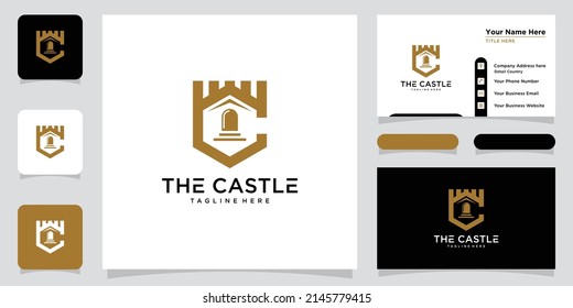 Vector illustration of castle logo design emblem, palace, fortress and business card design template