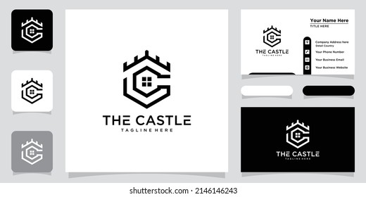 Vector illustration of castle logo design emblem, palace, fortress and business card design template