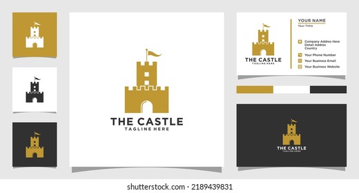 Vector illustration of castle logo design emblem, palace, fortress and business card design template