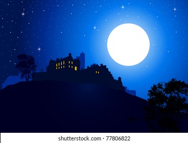 Vector illustration of a castle at the mountain with full moon as the background