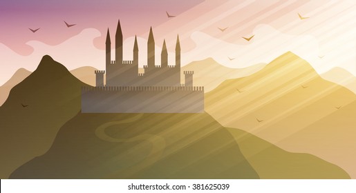 Vector illustration. Castle in the mountains at sunset.