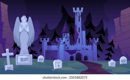 Vektorgrafik eines Schlosses in einer mystischen Szene. Die Straße windet sich durch einen Friedhof mit Grabsteinen vor dem Hintergrund eines dunklen Waldes und Nachthimmels. Ideal für das Design von Spielschnittstellen.