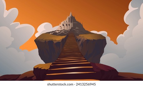 vector illustration of a castle on a floating island connected by stone stairs and an orange sky and thick clouds in the background