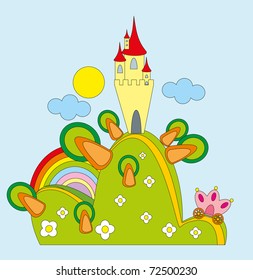 Vector illustration. Castle on green hill.