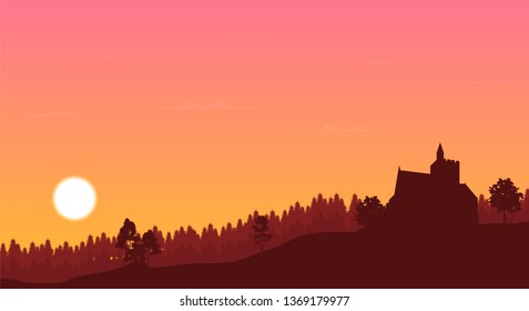vector illustration of castle on the hill, pine forest around, sunset sky