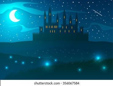 Vector illustration. Castle on the hills at night.