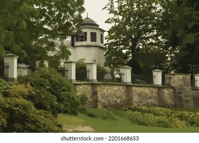 Ilustración vectorial de un parque de castillo con vistas a una torre baja de castillo. Torre de observación, balcón de enlace. Valla de hierro con postes de concreto pintados de blanco. Árboles, hierba, jardín, parque, pared de piedra.