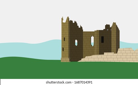 Vector Illustration of a Castle ruins or castle heritage landmark or tourism destination, old royal building standing in the green open field. European possibly.