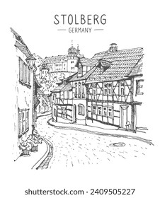 Vector illustration of the Castle in Stolberg, Sachsen-Anhalt, Germany. Line art drawing with a pen on paper. Hand-drawn old town. Urban sketch in black color on white background. Freehand drawing.