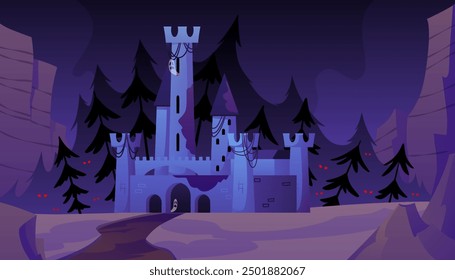 A vector illustration of a castle in the style of a frightening fantasy: an old stone building with ghosts and scary red eyes, surrounded by trees and rocks.