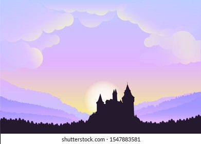 vector illustration of a castle at the sunrise, pink cloudy sky and forest