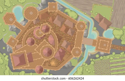 Vector illustration. Castle top view. Fortress view from above.